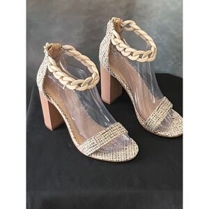 Oasis Society Josie Block Heel‎ Chain Ankle Strap Sandal, Neutral Tweed Open Toe